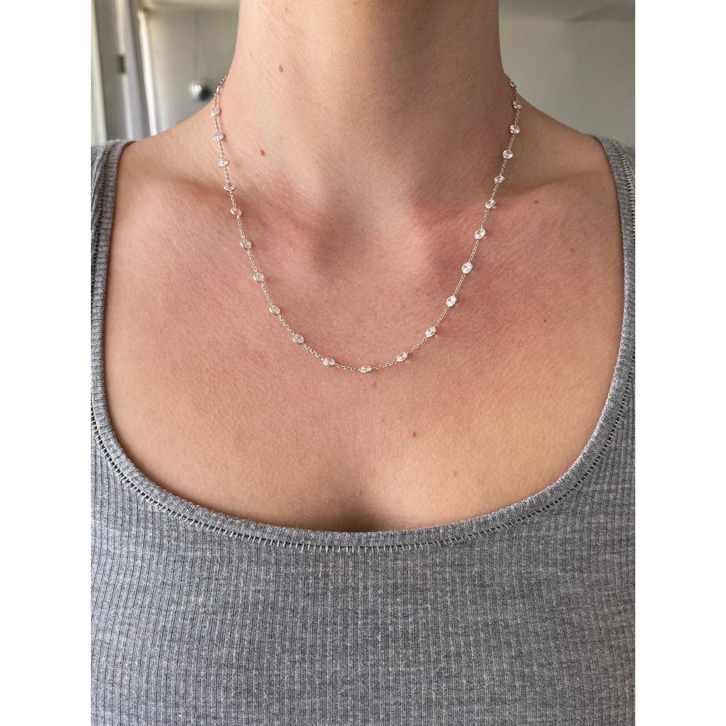 Vintage Solid 14k White Gold Cubic Zirconia Link Cable Chain Necklace - 18.25 inches