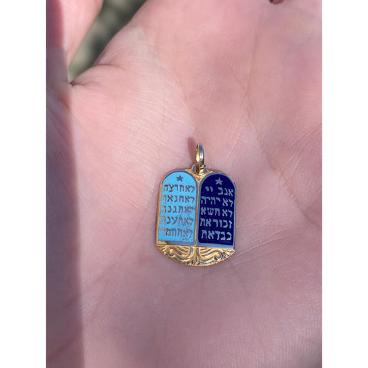 Vintage Solid 14k Yellow Gold Enamel Hebrew 10 Commandments Charm