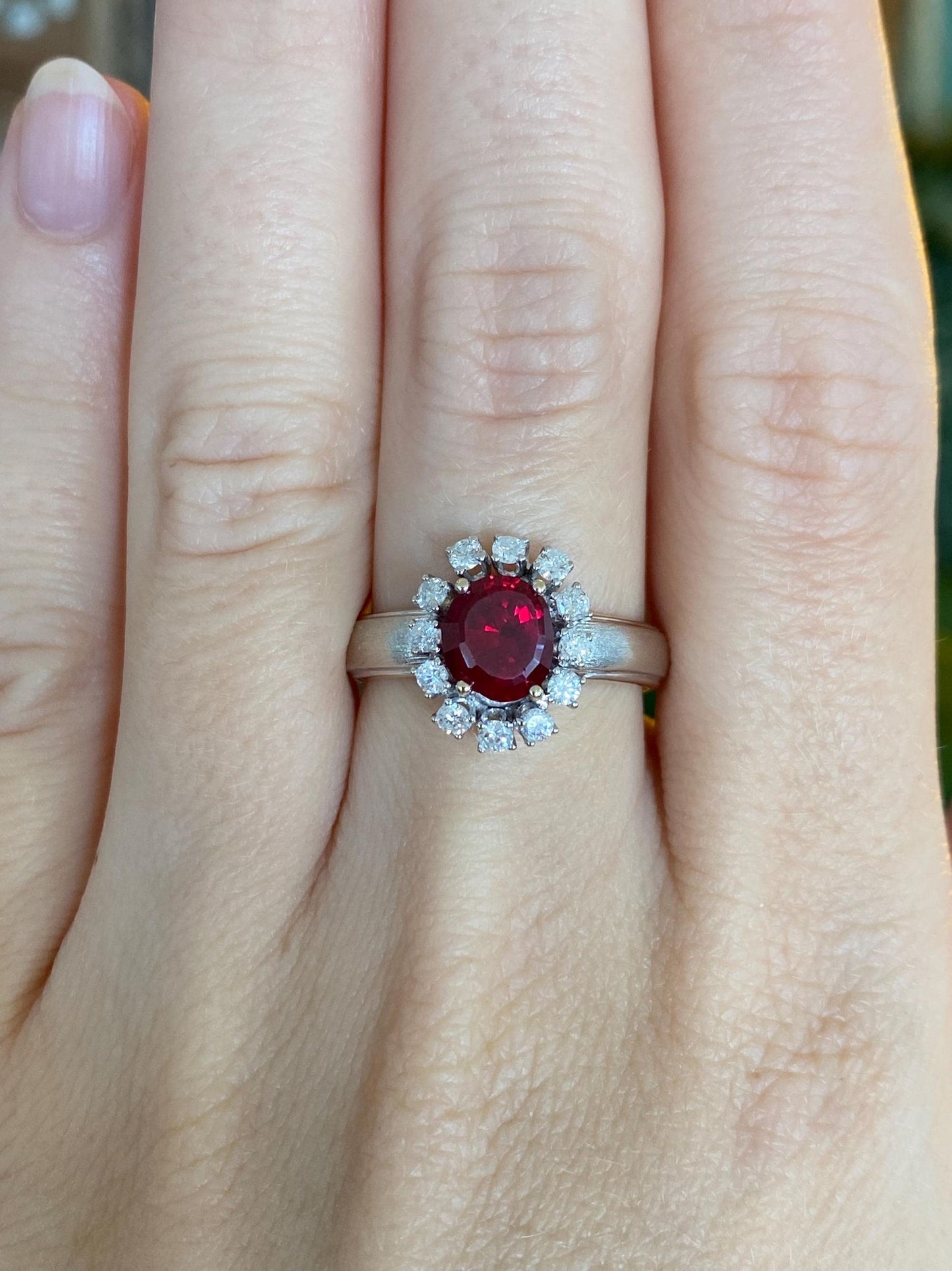 Vintage Solid 14k White Gold Clear Sapphire Halo Ruby Ring - Size 7.25