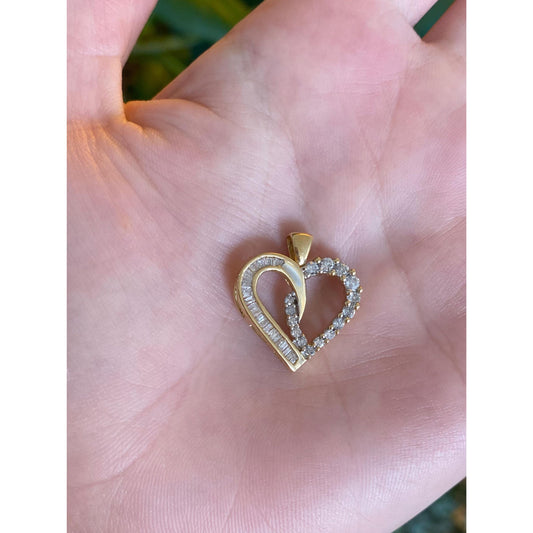 Solid 14k Yellow Gold Round & Baguette Diamond Heart Charm