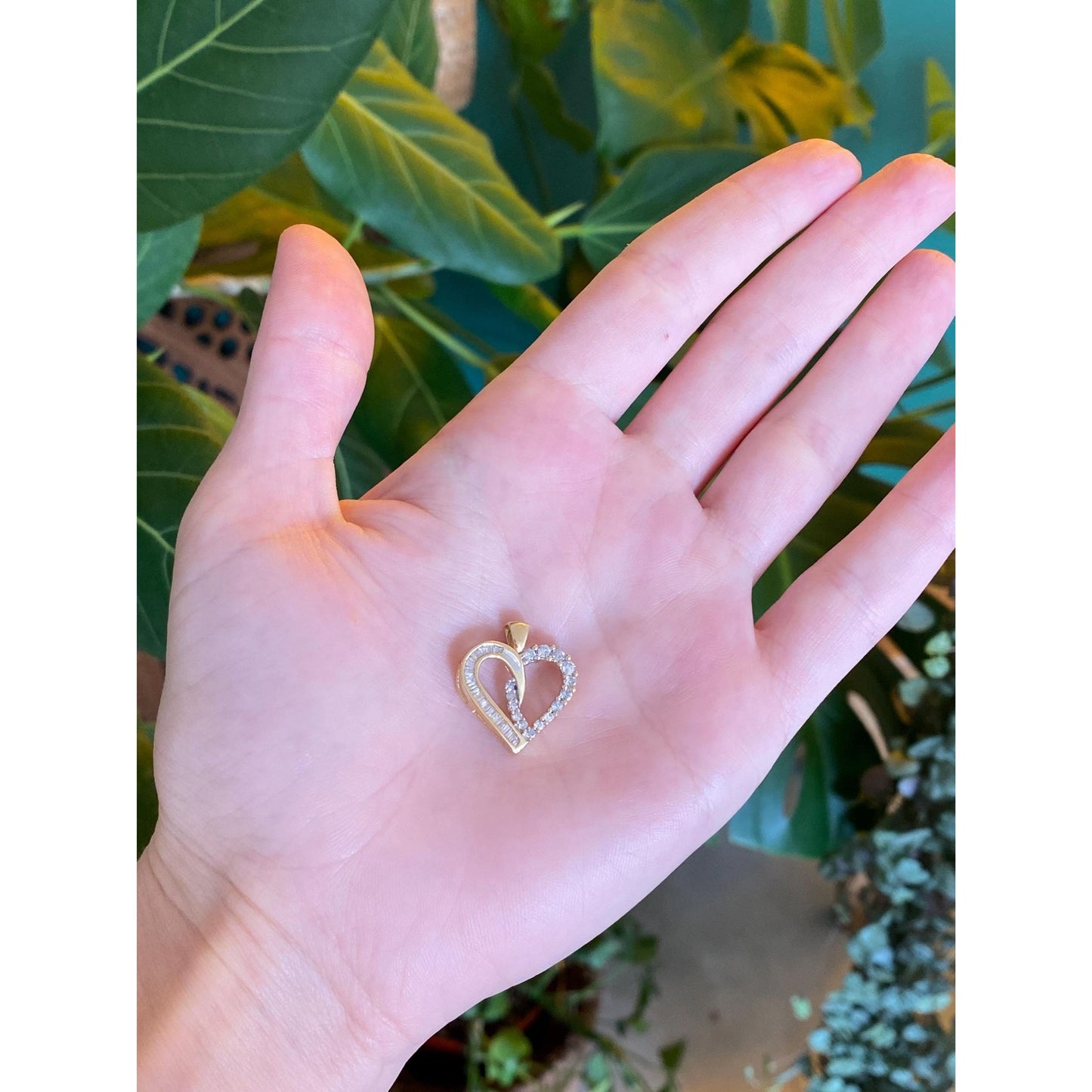 Solid 14k Yellow Gold Round & Baguette Diamond Heart Charm