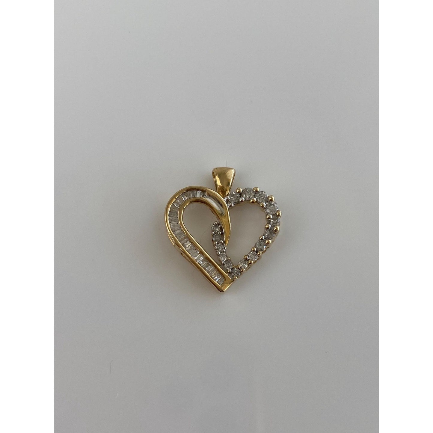 Solid 14k Yellow Gold Round & Baguette Diamond Heart Charm