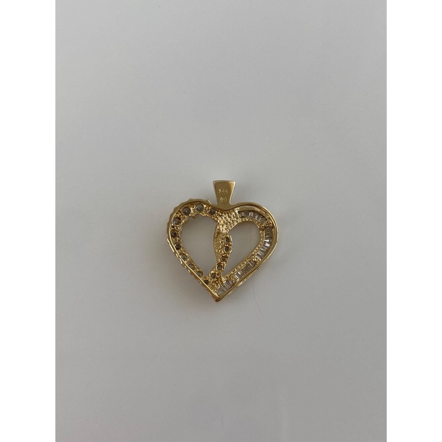 Solid 14k Yellow Gold Round & Baguette Diamond Heart Charm