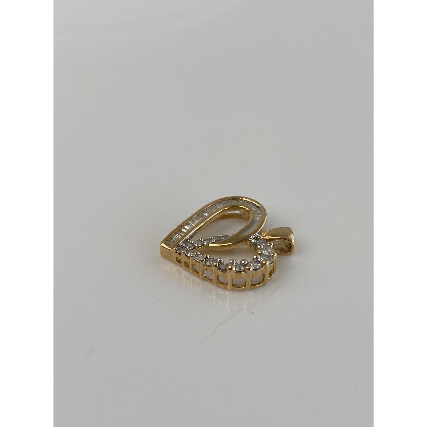 Solid 14k Yellow Gold Round & Baguette Diamond Heart Charm