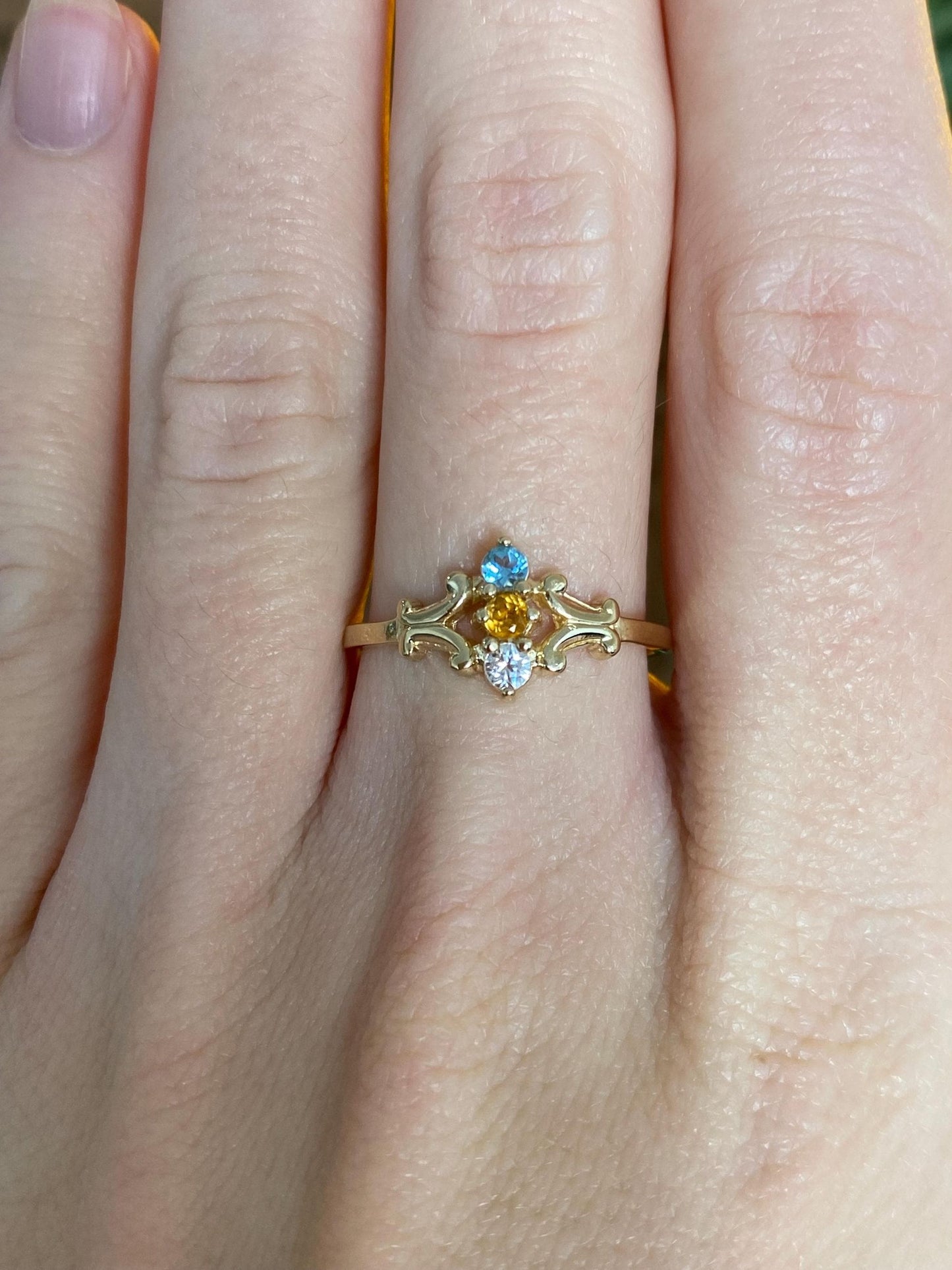 Vintage Solid 14k Yellow Gold Clear Quartz Citrine Aquamarine Ring - Size 7.75