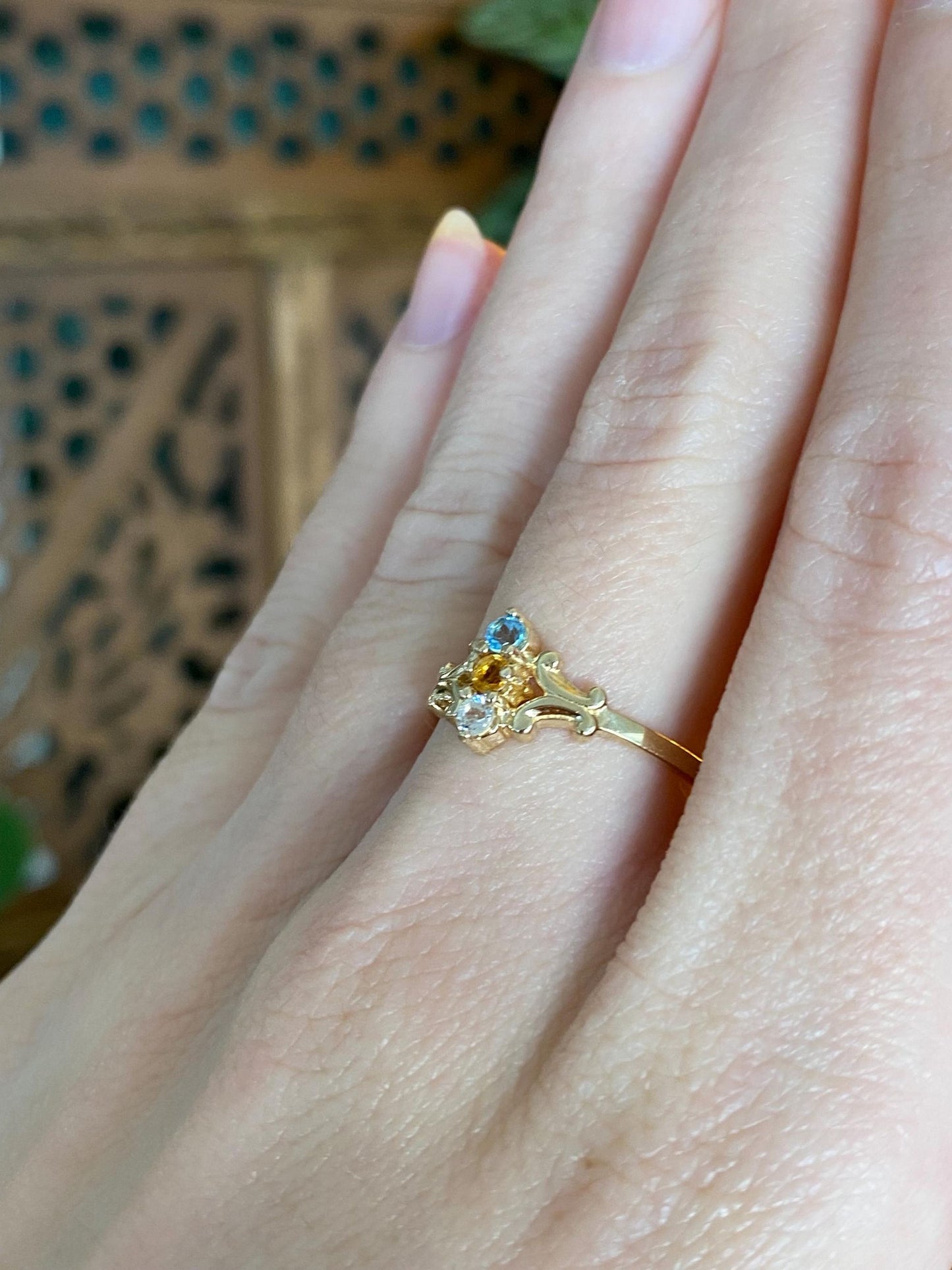 Vintage Solid 14k Yellow Gold Clear Quartz Citrine Aquamarine Ring - Size 7.75
