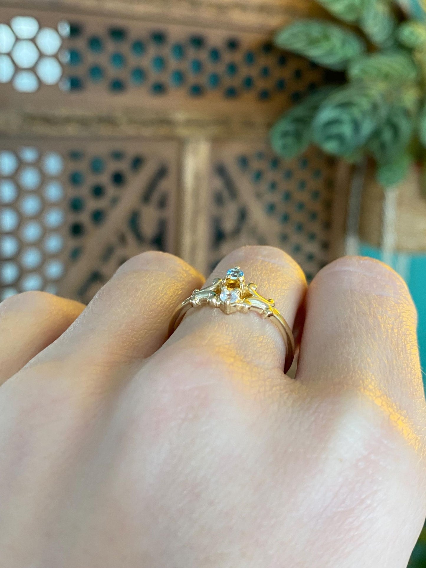 Vintage Solid 14k Yellow Gold Clear Quartz Citrine Aquamarine Ring - Size 7.75