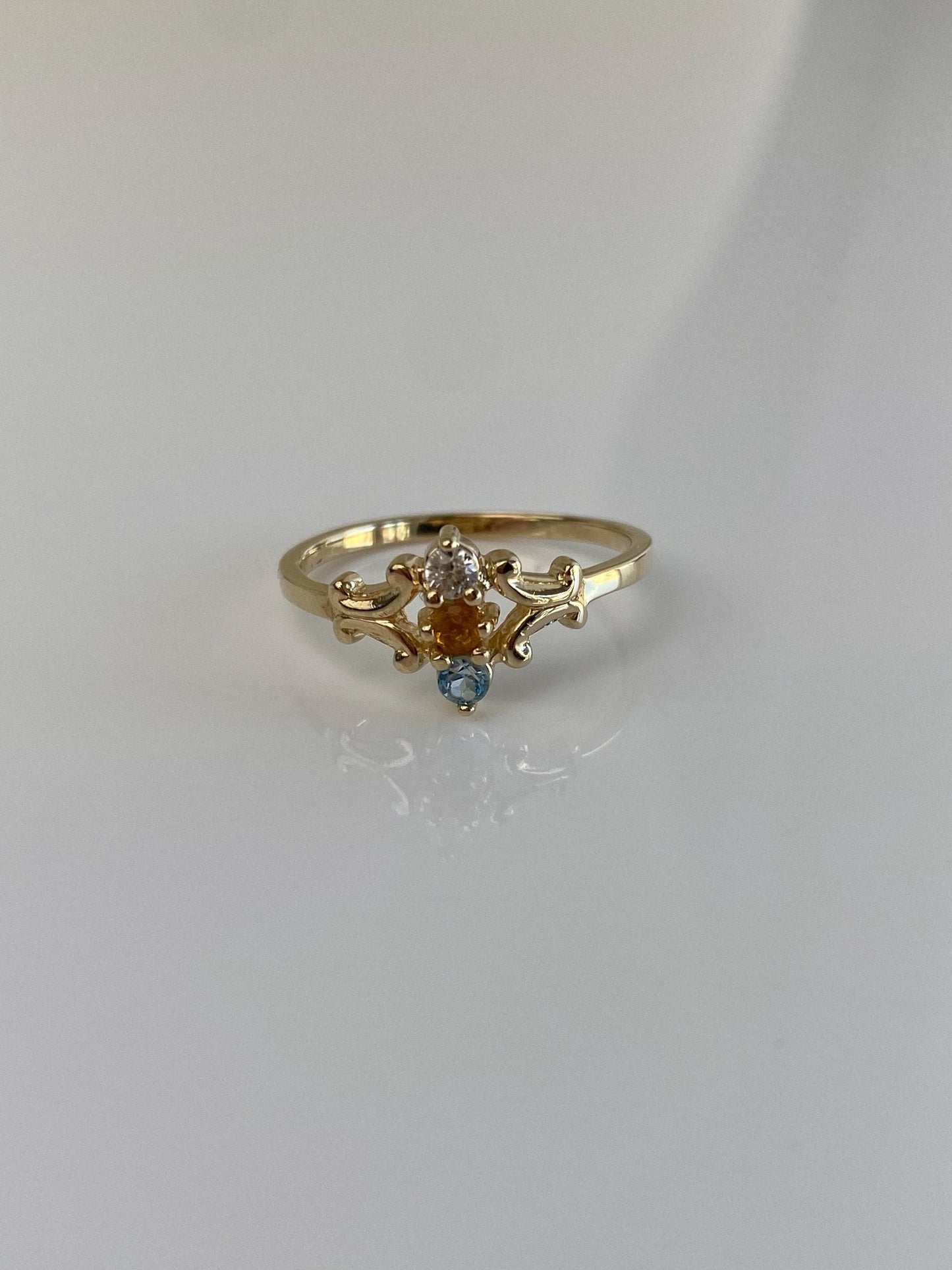 Vintage Solid 14k Yellow Gold Clear Quartz Citrine Aquamarine Ring - Size 7.75