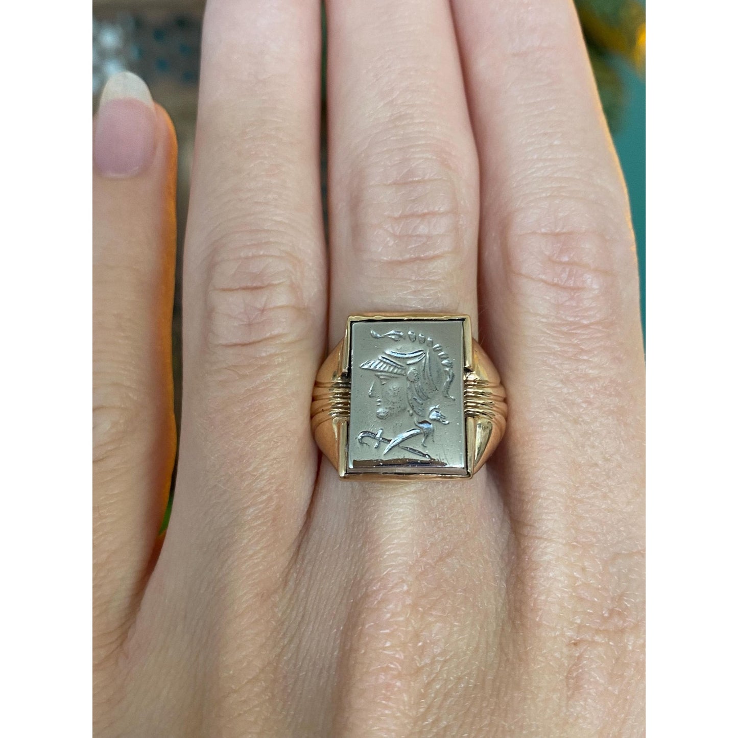 Vintage Solid 10k Yellow Gold & Sterling Silver Roman Cameo Signet Ring - Size 7.75