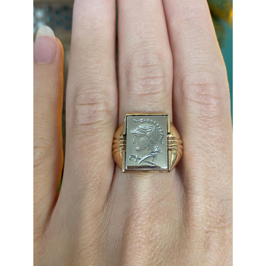 Vintage Solid 10k Yellow Gold & Sterling Silver Roman Cameo Signet Ring - Size 7.75