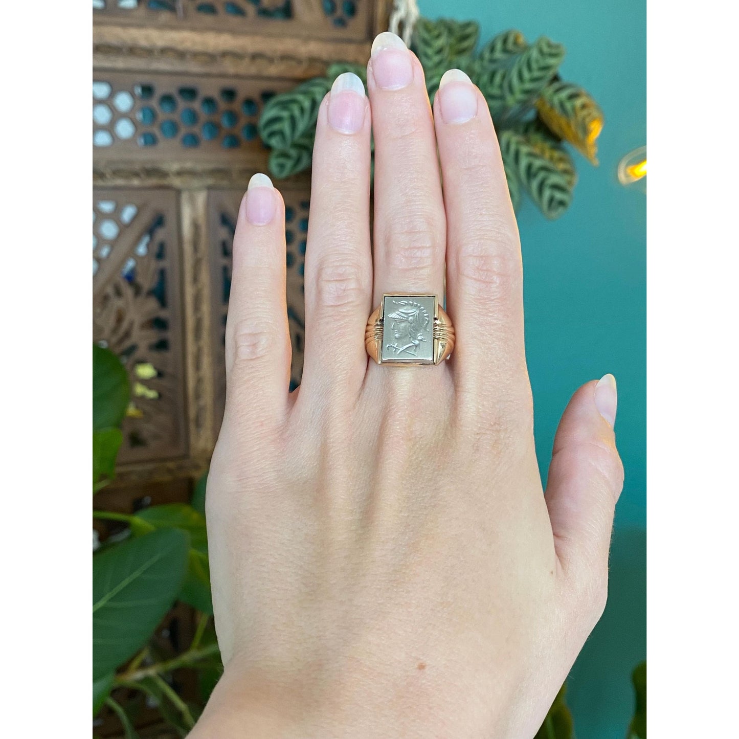 Vintage Solid 10k Yellow Gold & Sterling Silver Roman Cameo Signet Ring - Size 7.75