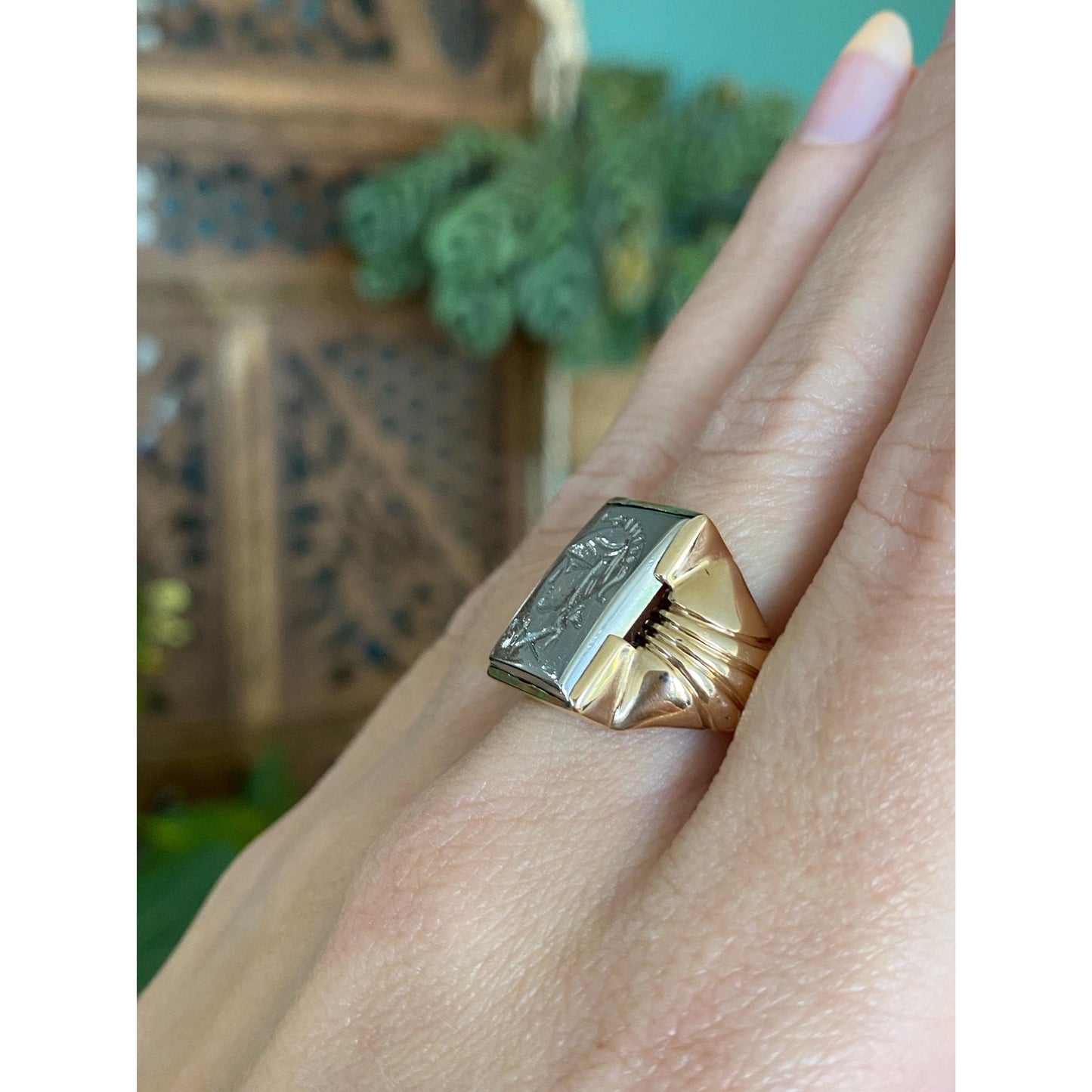 Vintage Solid 10k Yellow Gold & Sterling Silver Roman Cameo Signet Ring - Size 7.75