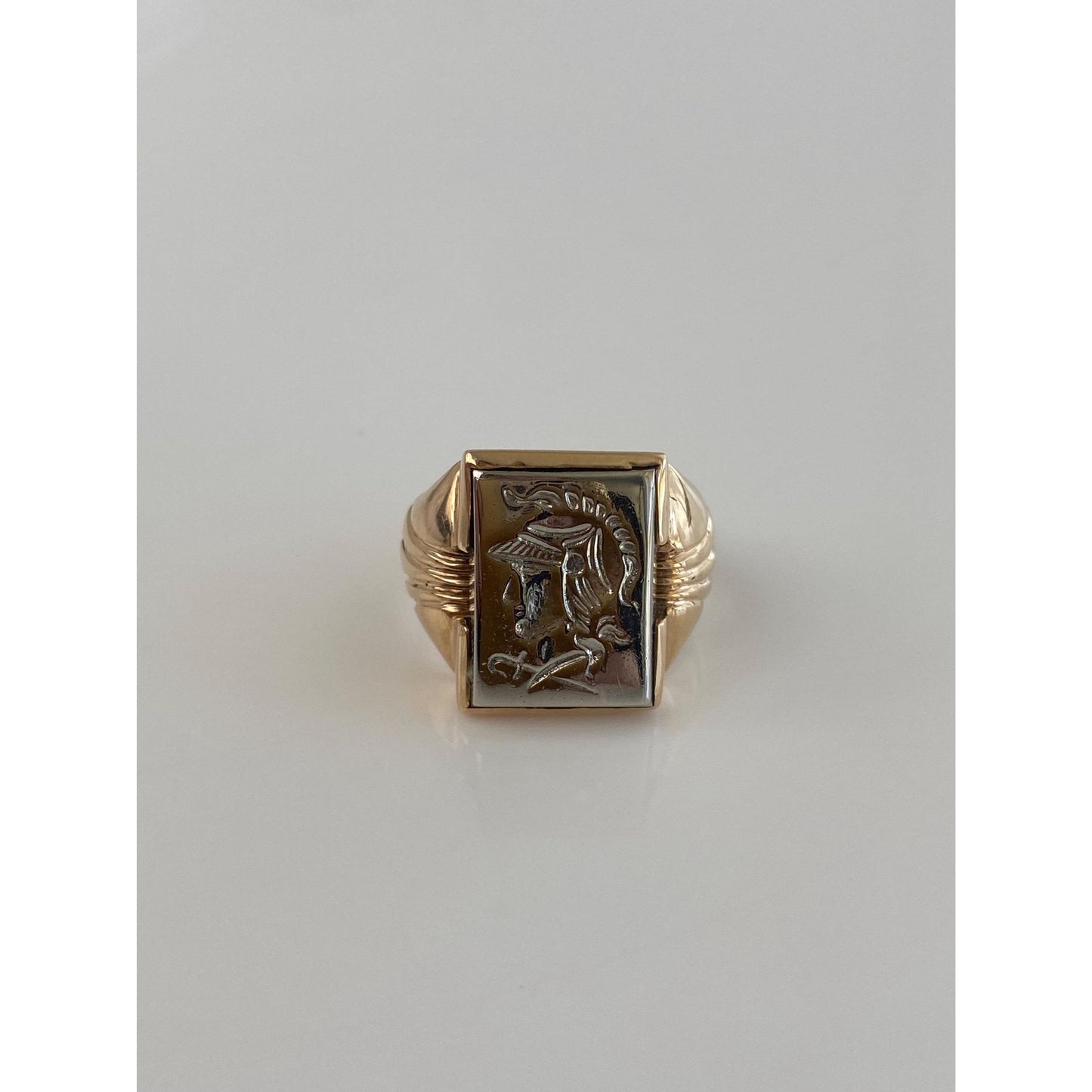 Vintage Solid 10k Yellow Gold & Sterling Silver Roman Cameo Signet Ring - Size 7.75