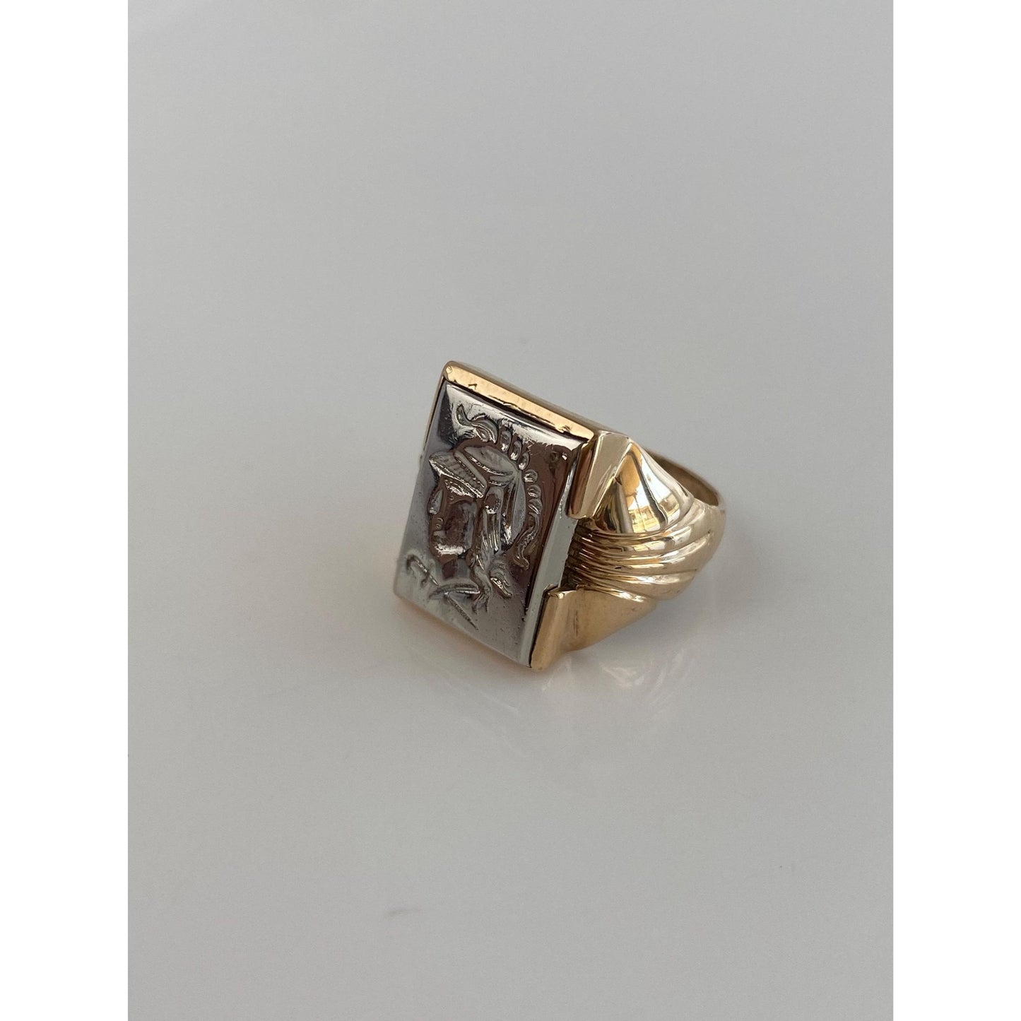 Vintage Solid 10k Yellow Gold & Sterling Silver Roman Cameo Signet Ring - Size 7.75