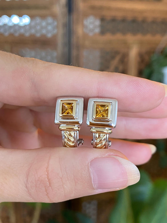Vintage Solid 14k White & Yellow Gold Citrine Drop Earrings