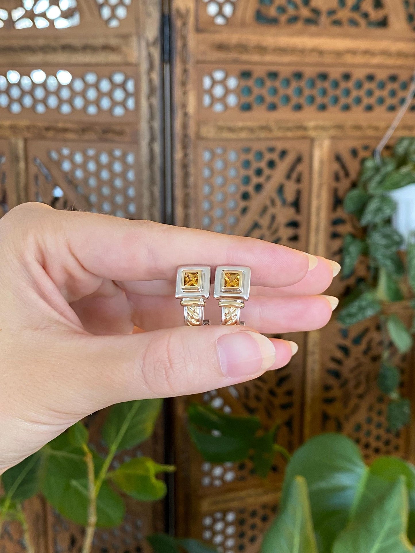 Vintage Solid 14k White & Yellow Gold Citrine Drop Earrings