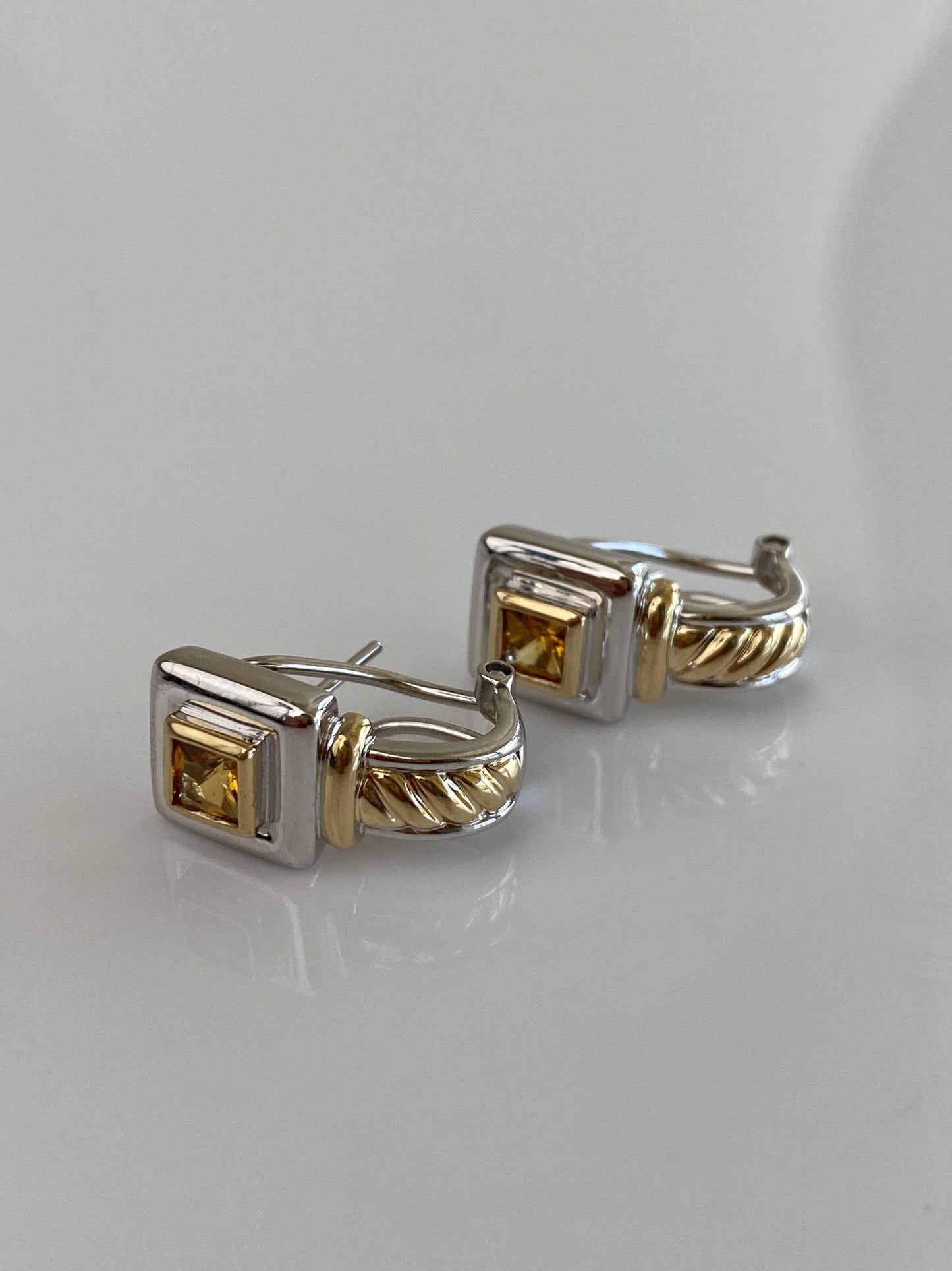 Vintage Solid 14k White & Yellow Gold Citrine Drop Earrings