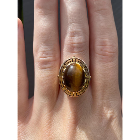 Vintage Solid 14k Yellow Gold Tigers Eye Greek Key Cocktail Ring - Size 5.5