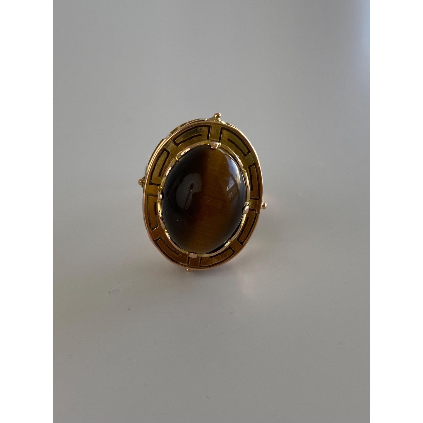Vintage Solid 14k Yellow Gold Tigers Eye Greek Key Cocktail Ring - Size 5.5
