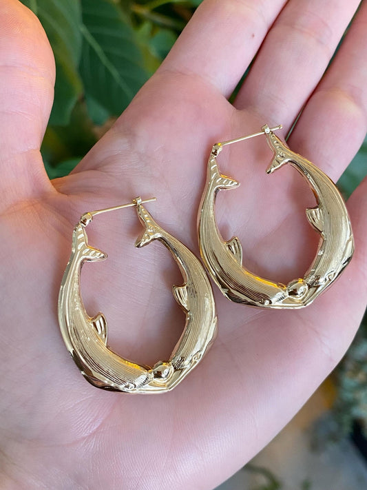 Vintage 14k Yellow Gold Large Dolphin Hoop Earrings