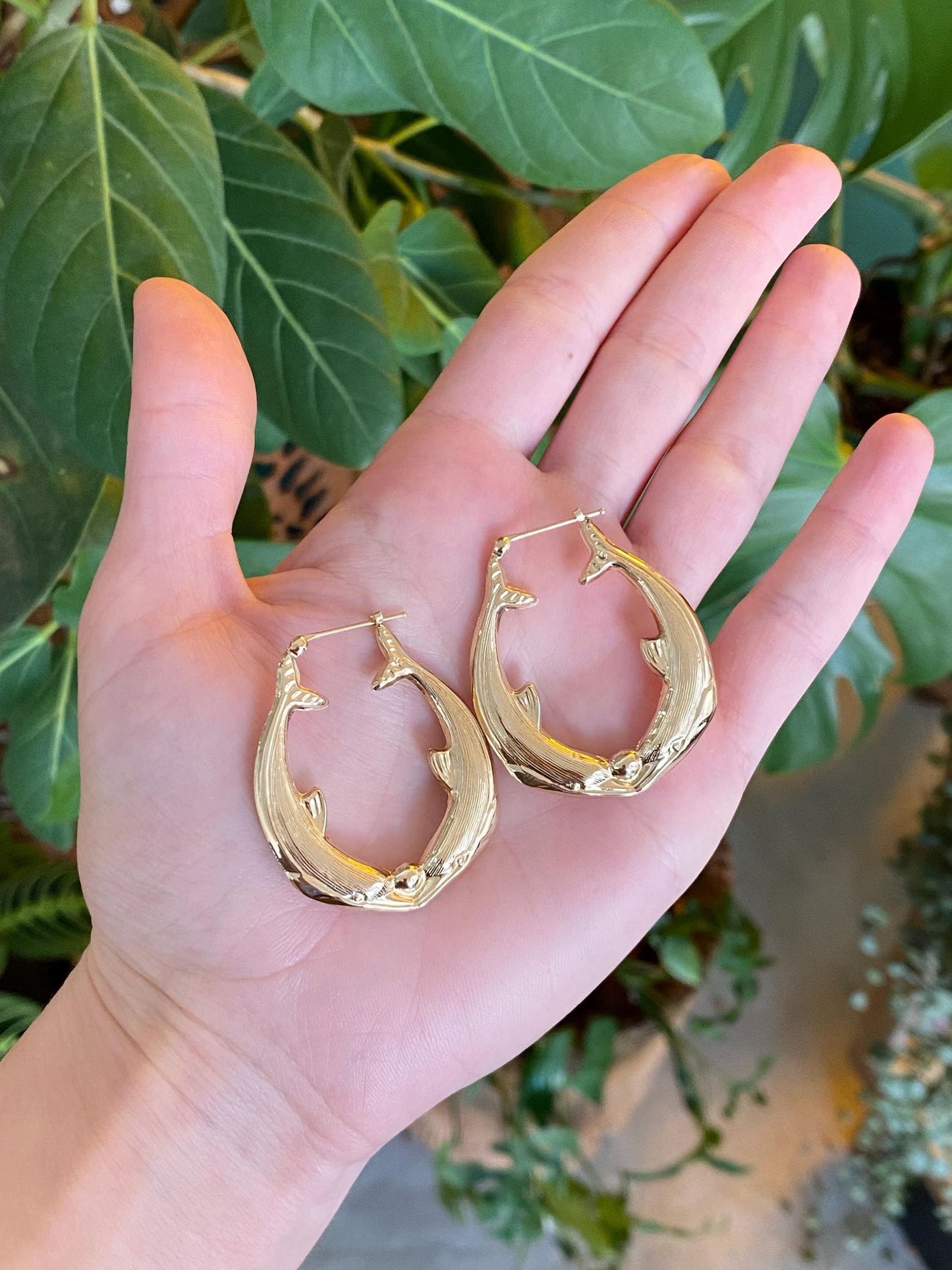 Vintage 14k Yellow Gold Large Dolphin Hoop Earrings