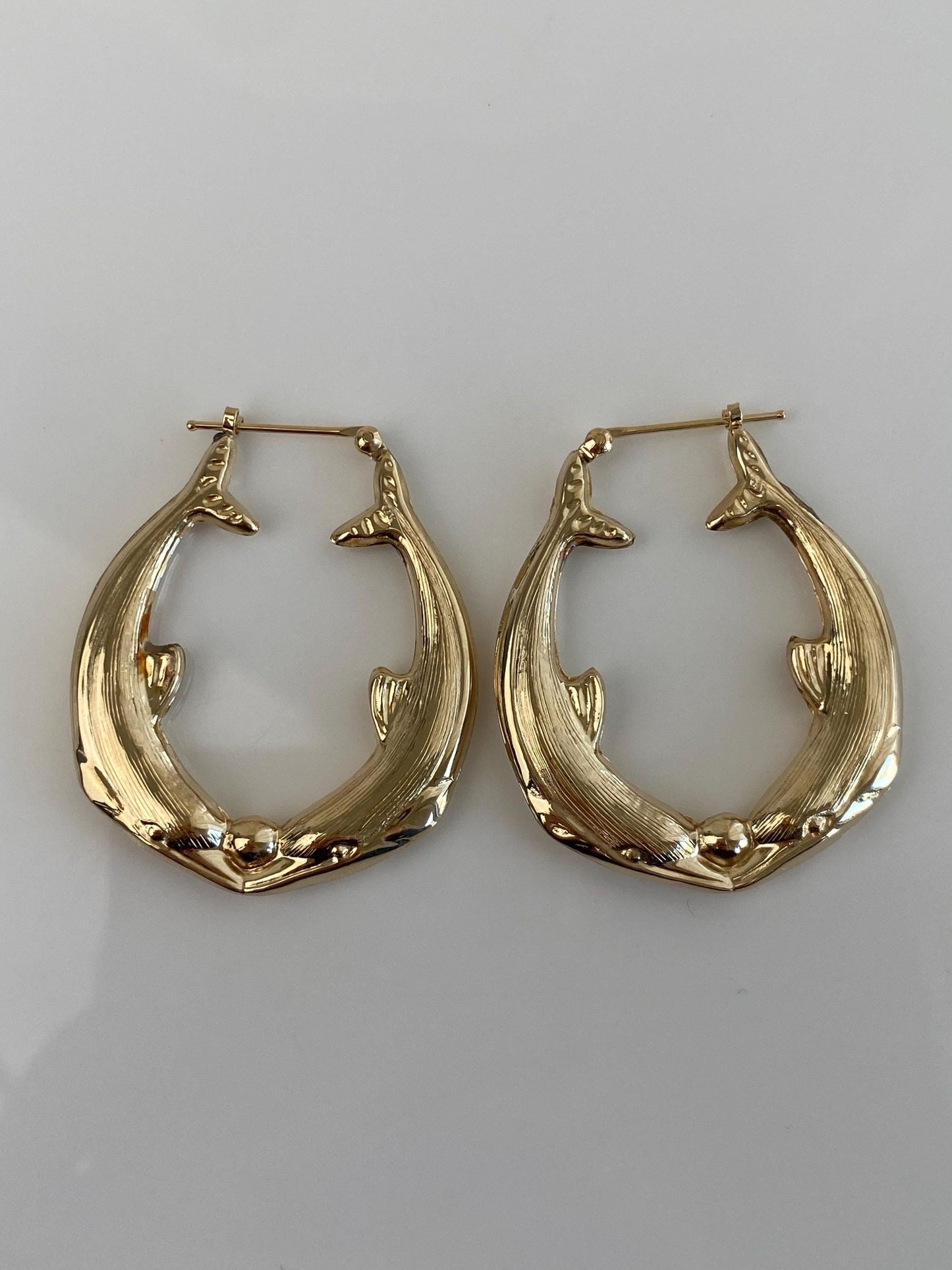 Vintage 14k Yellow Gold Large Dolphin Hoop Earrings