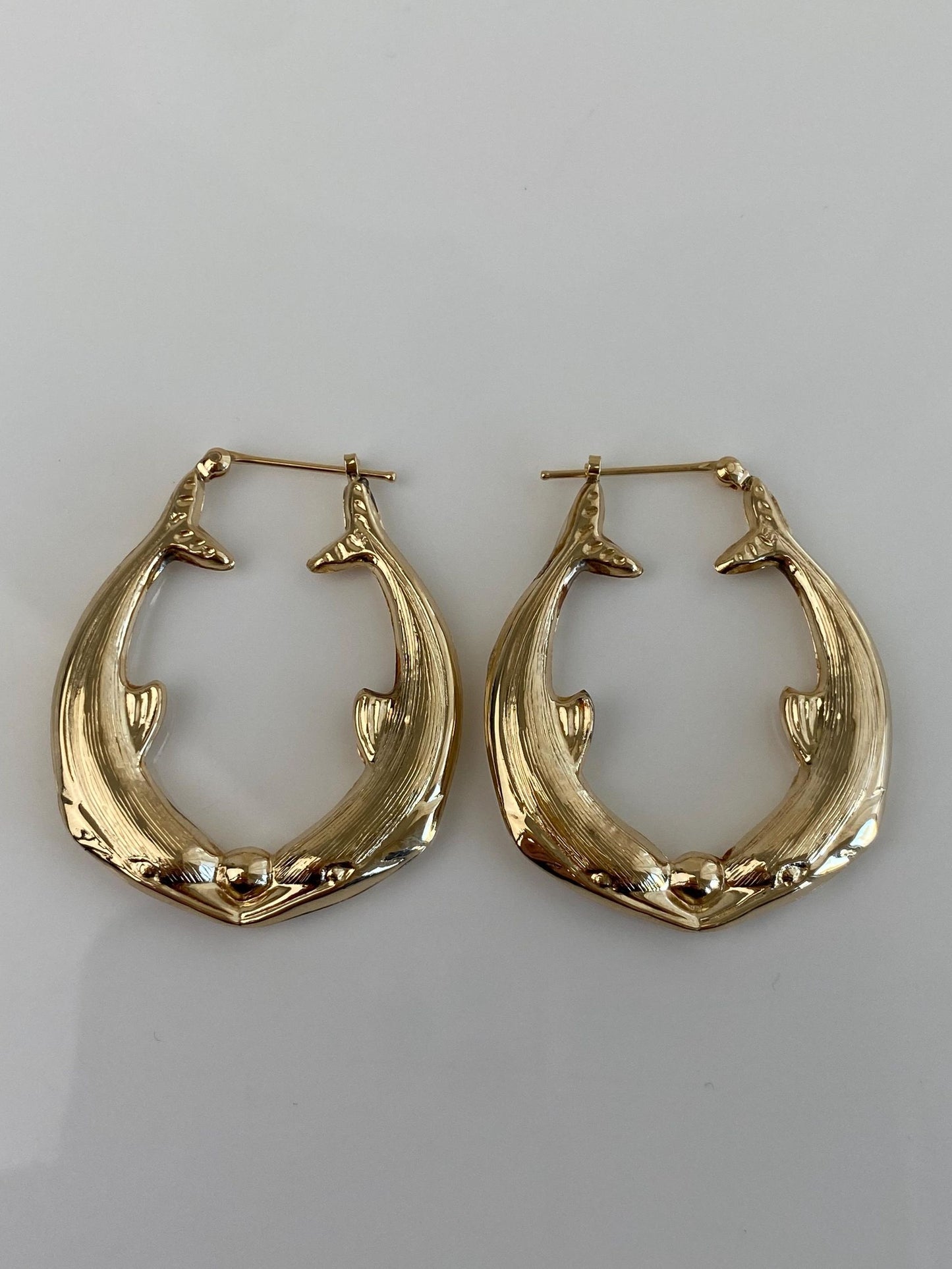 Vintage 14k Yellow Gold Large Dolphin Hoop Earrings