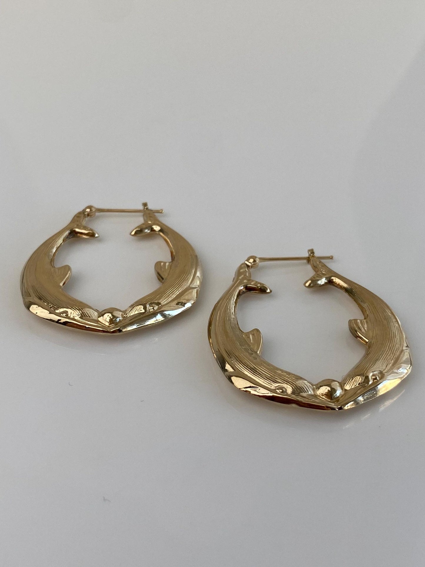 Vintage 14k Yellow Gold Large Dolphin Hoop Earrings