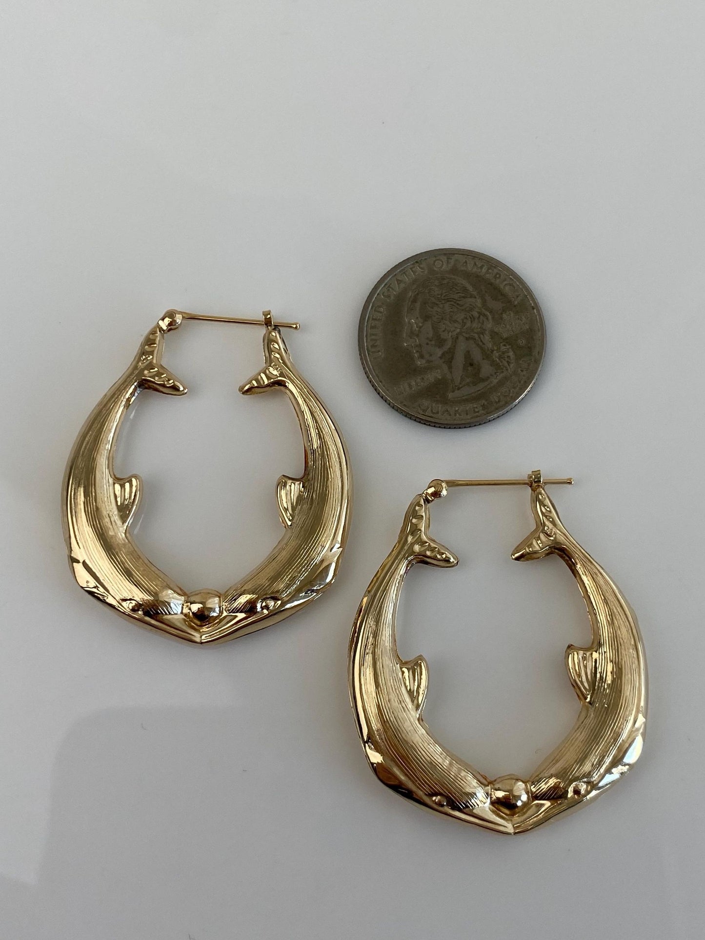 Vintage 14k Yellow Gold Large Dolphin Hoop Earrings