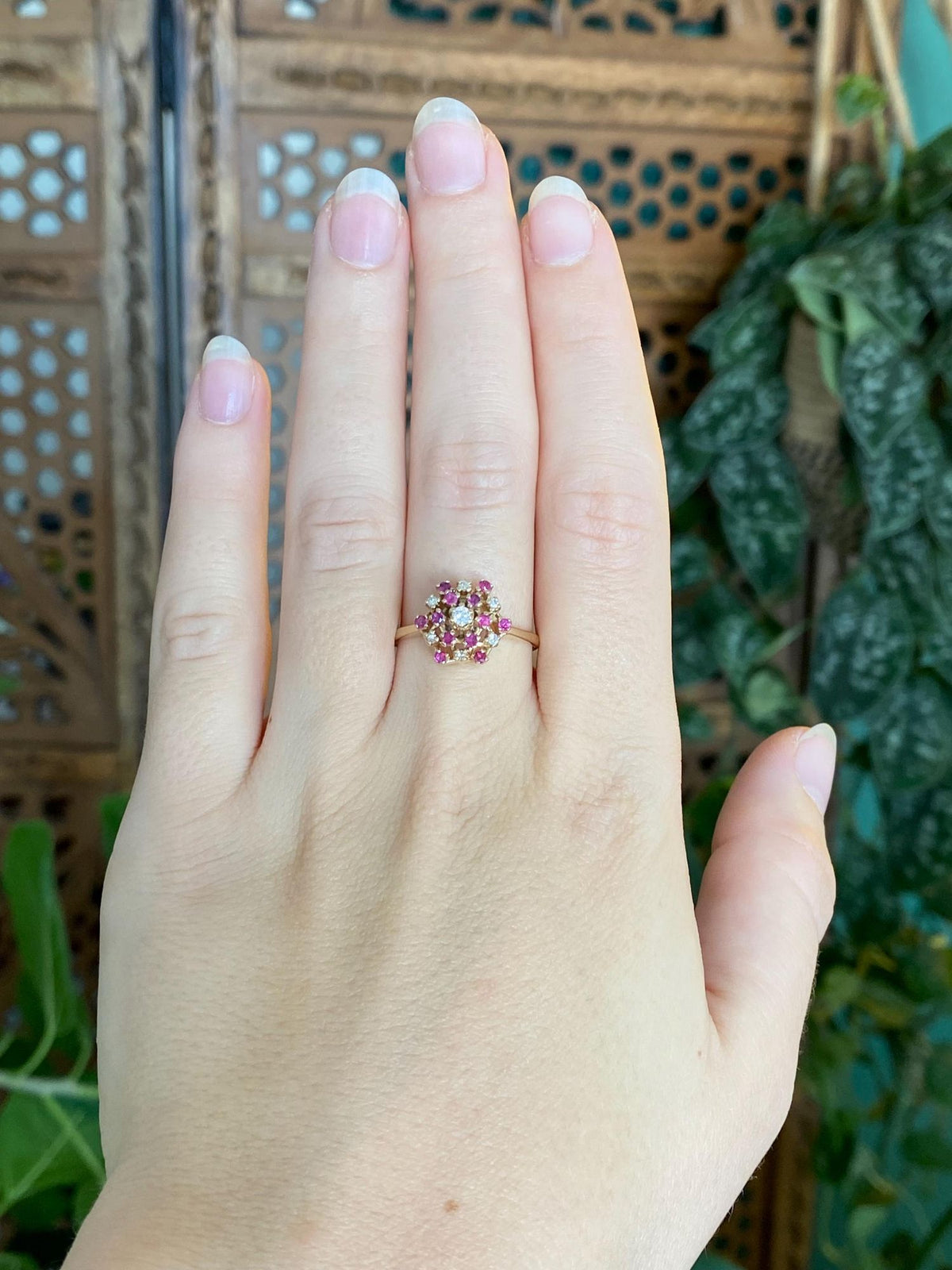 Solid 14k Yellow Gold Diamond Ruby Cluster Ring - Size 8.75