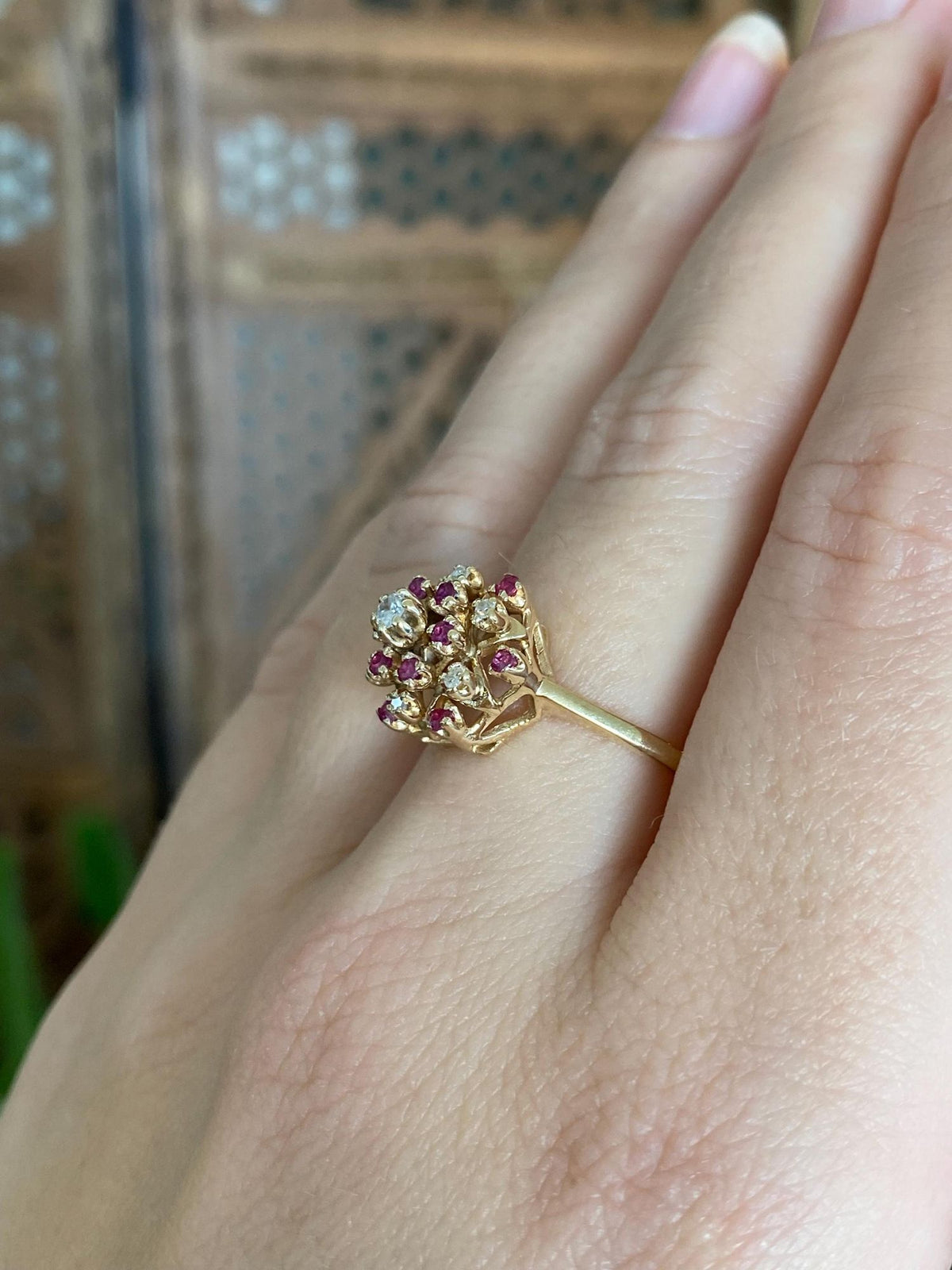 Solid 14k Yellow Gold Diamond Ruby Cluster Ring - Size 8.75