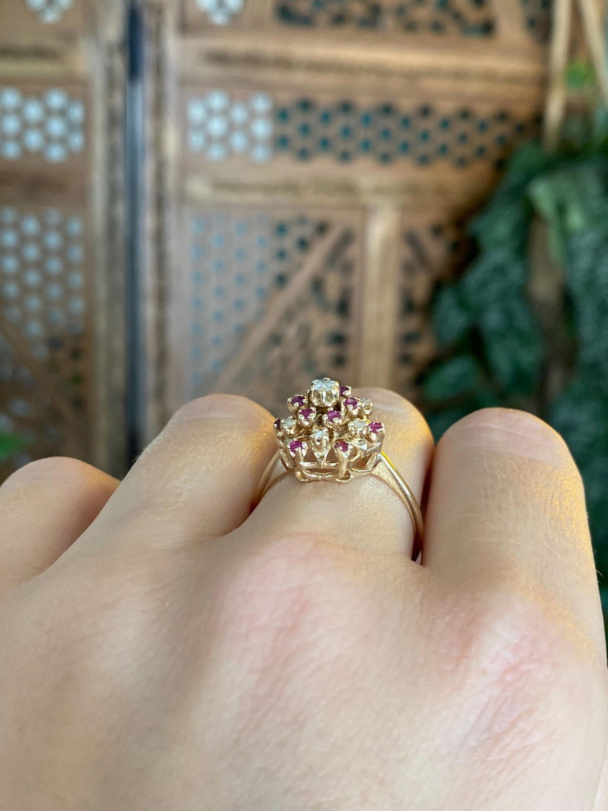 Solid 14k Yellow Gold Diamond Ruby Cluster Ring - Size 8.75