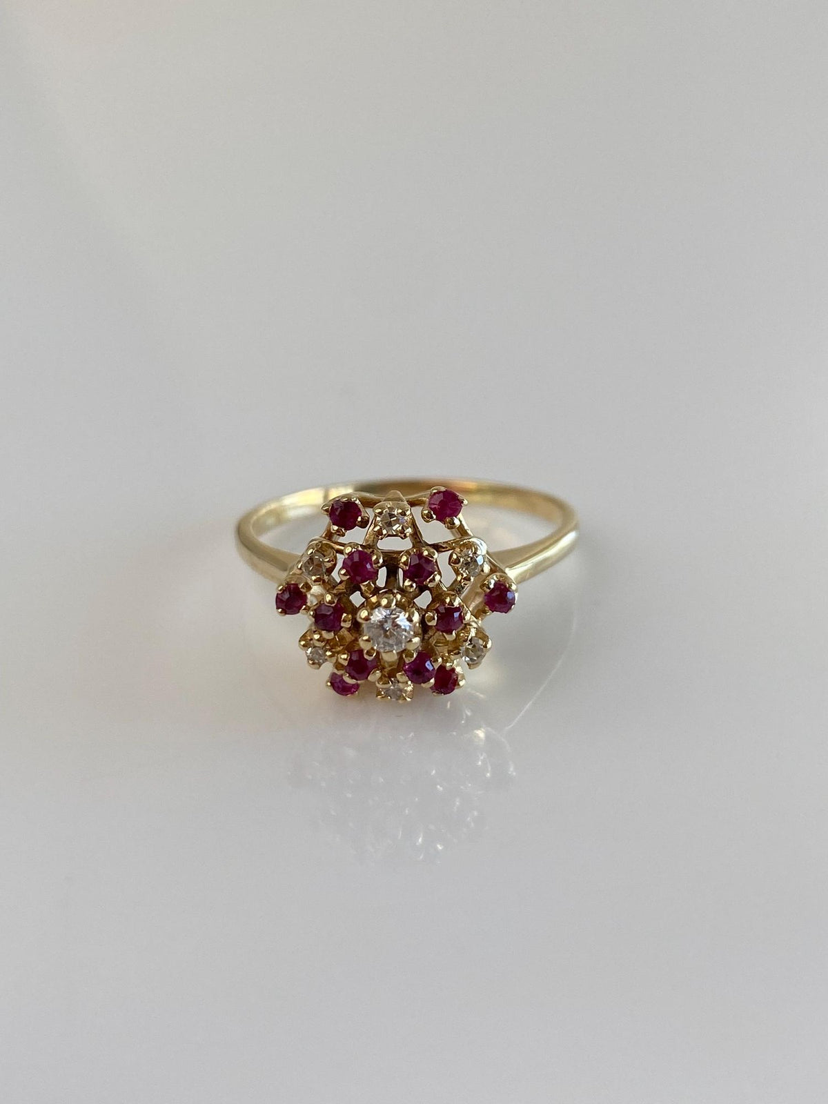 Solid 14k Yellow Gold Diamond Ruby Cluster Ring - Size 8.75
