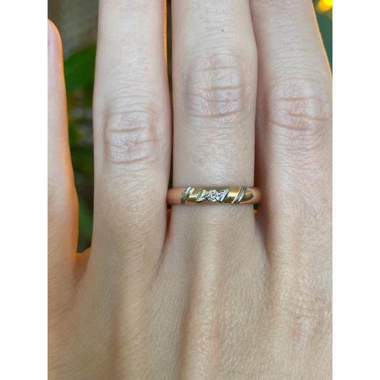 Vintage Solid 14k Rose & White Gold Diamond Ring Band - Size 8