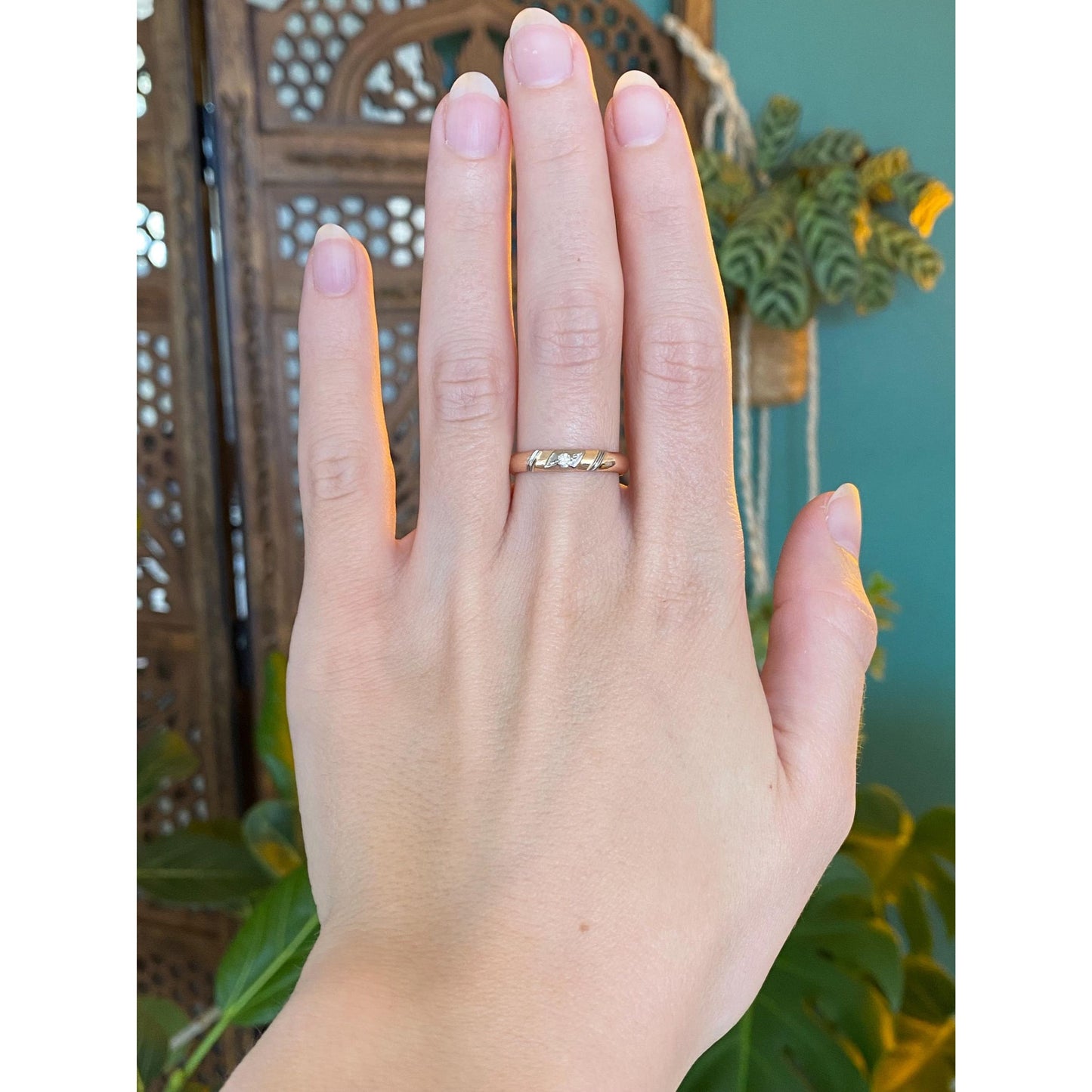 Vintage Solid 14k Rose & White Gold Diamond Ring Band - Size 8