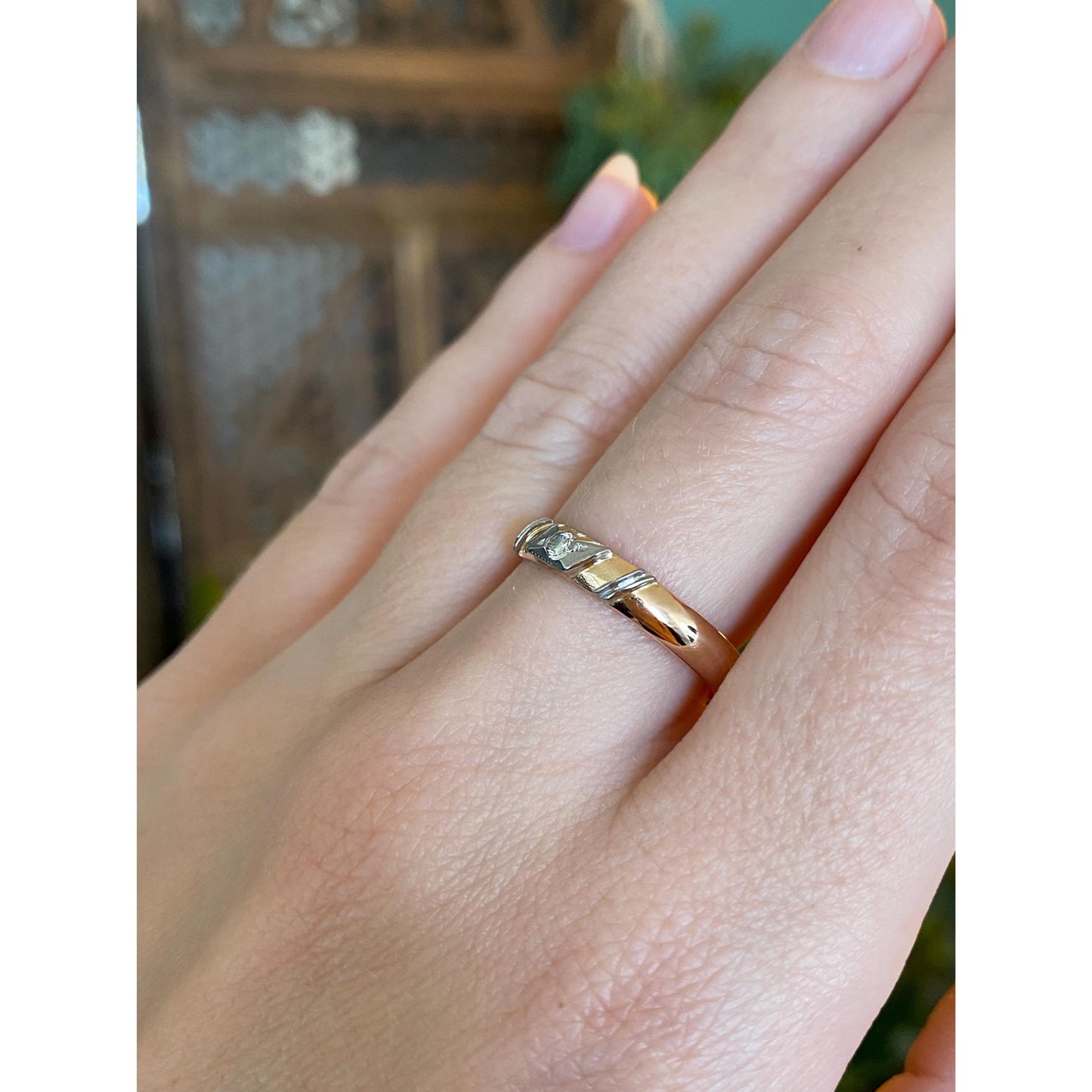 Vintage Solid 14k Rose & White Gold Diamond Ring Band - Size 8