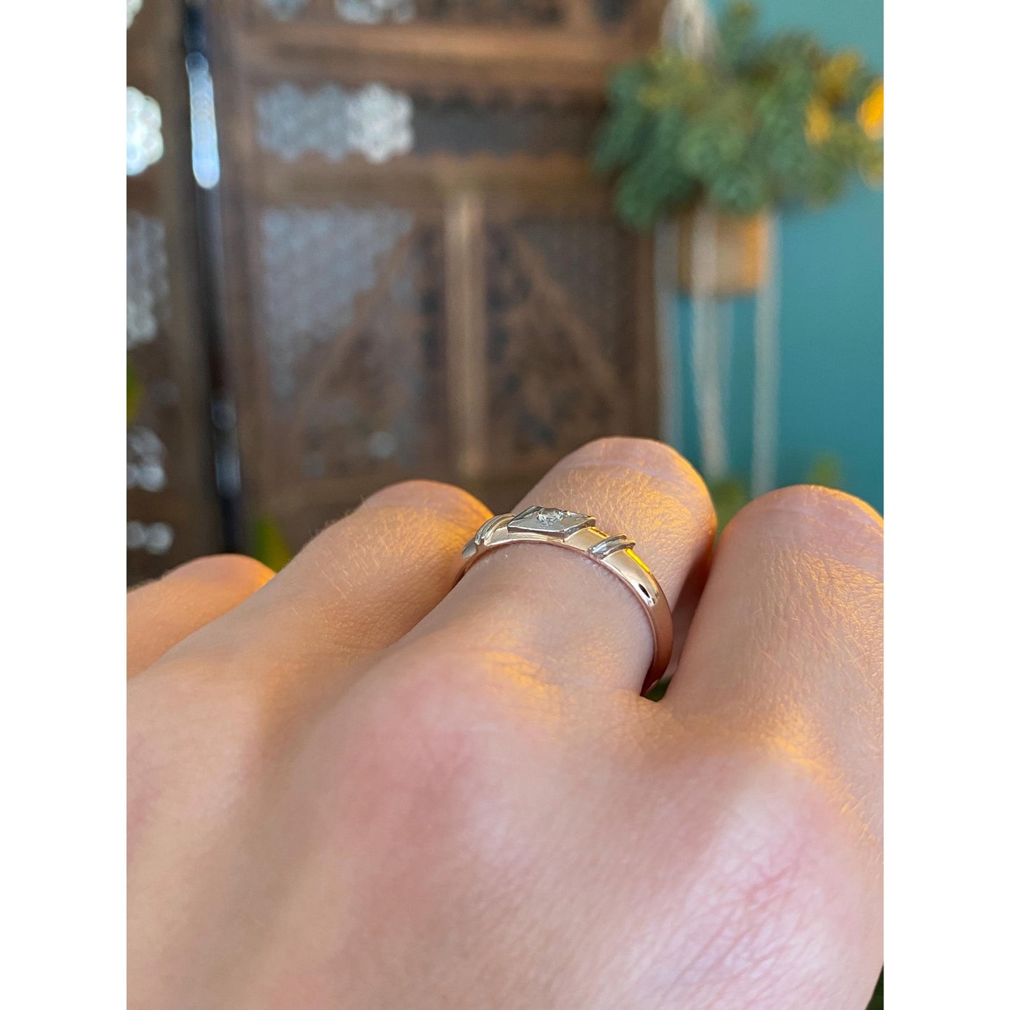 Vintage Solid 14k Rose & White Gold Diamond Ring Band - Size 8