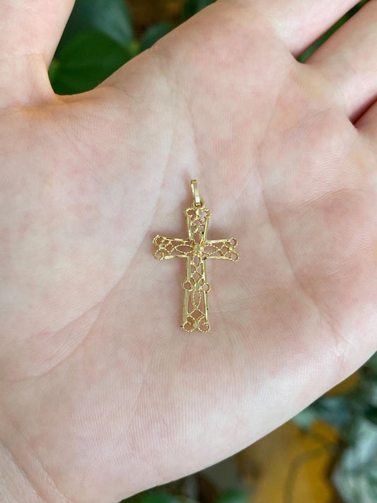 Vintage Solid 14k Yellow Gold Filigree Cross Charm
