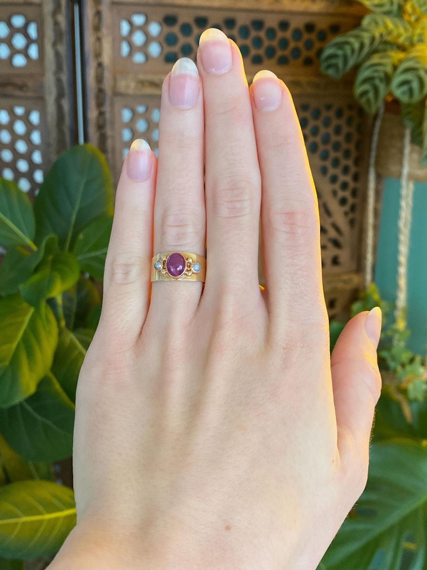 Vintage Solid 14k Rosey Gold Ruby Pearl Ring - Size 5.5