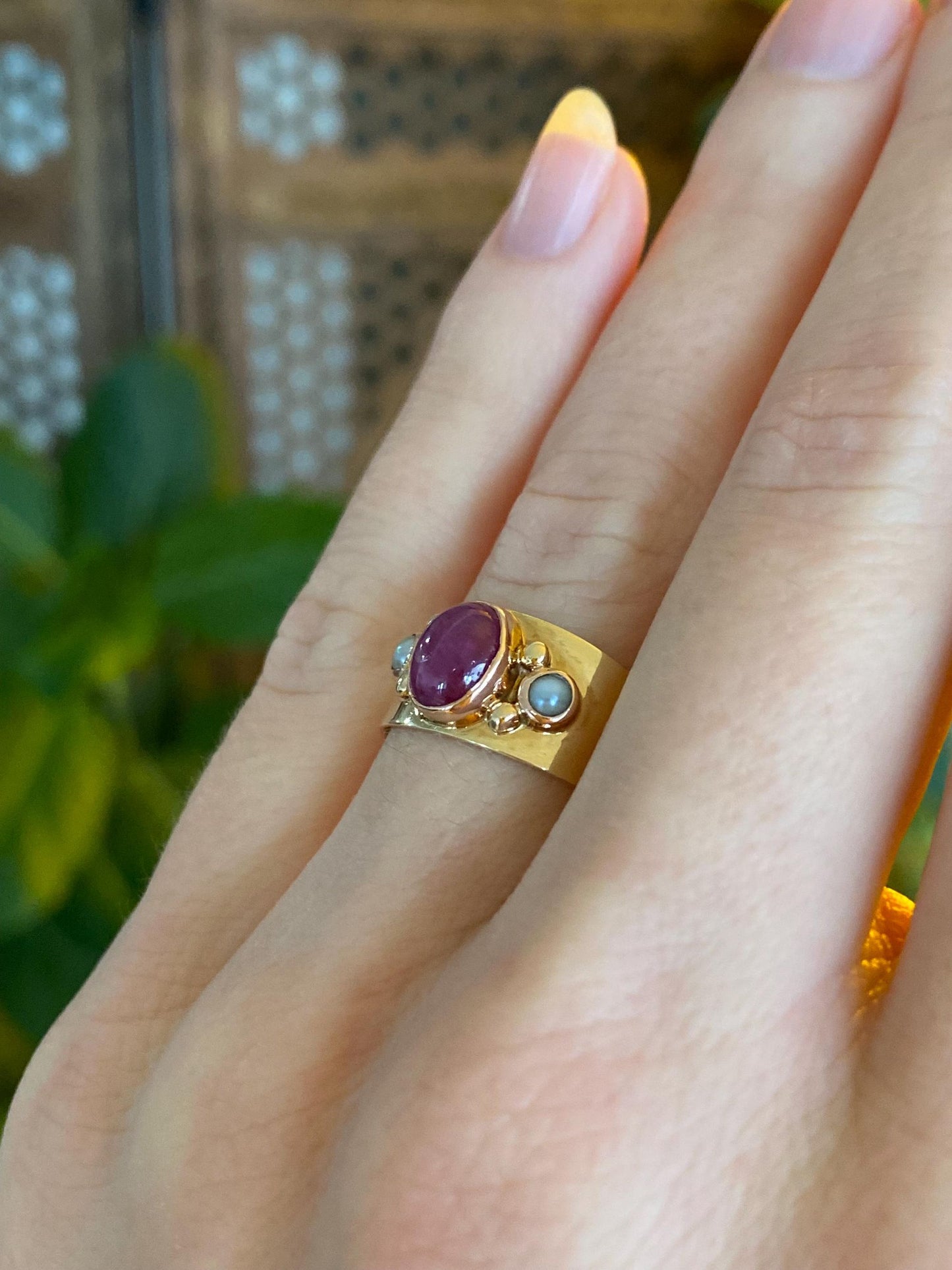 Vintage Solid 14k Rosey Gold Ruby Pearl Ring - Size 5.5