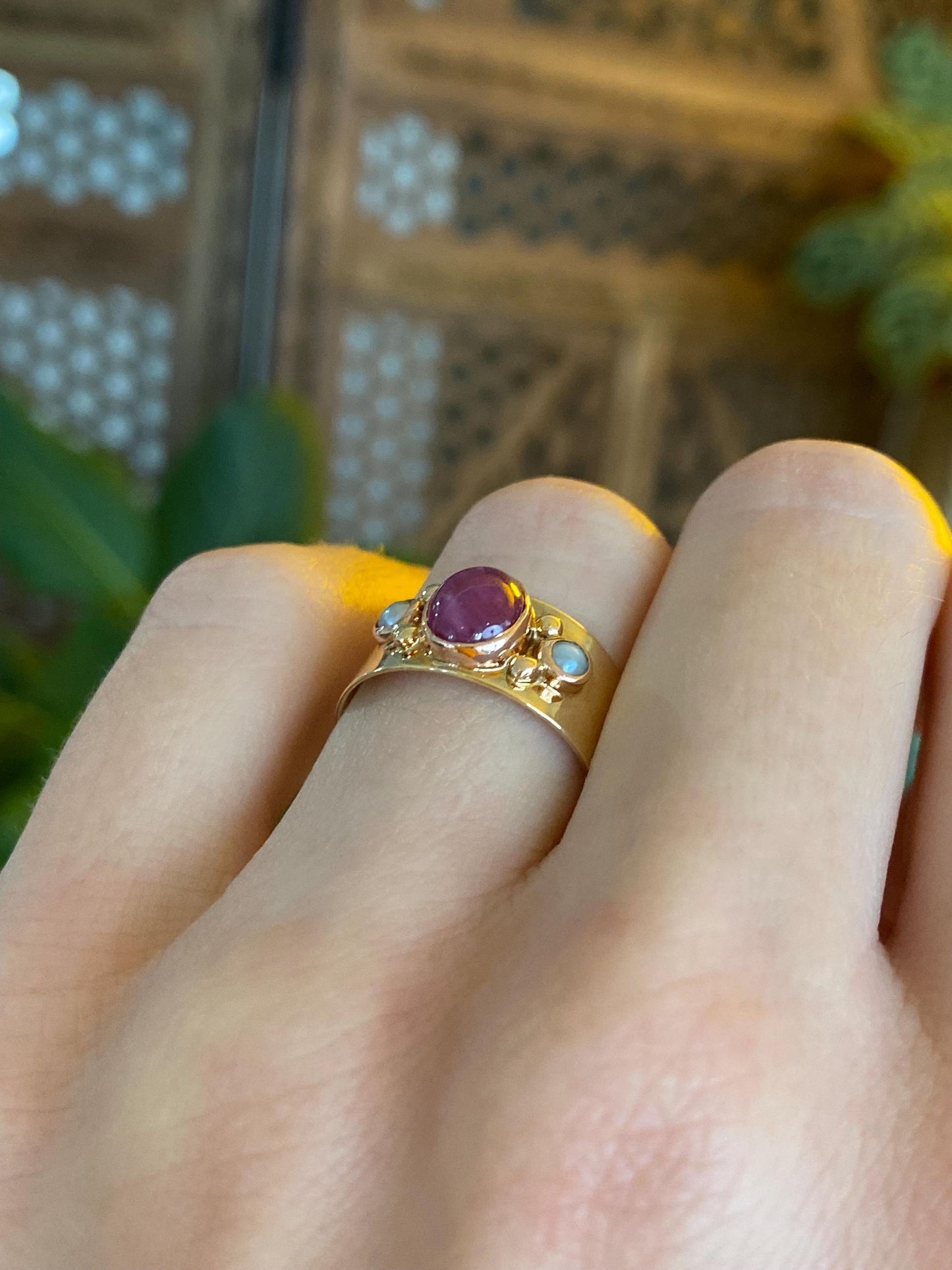 Vintage Solid 14k Rosey Gold Ruby Pearl Ring - Size 5.5