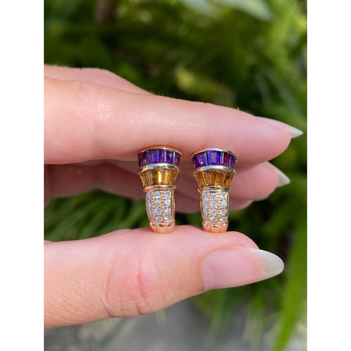 Solid 14k Yellow Gold Citrine Amethyst Clear Sapphire Drop Stud Earrings