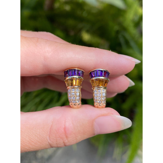 Solid 14k Yellow Gold Citrine Amethyst Clear Sapphire Drop Stud Earrings