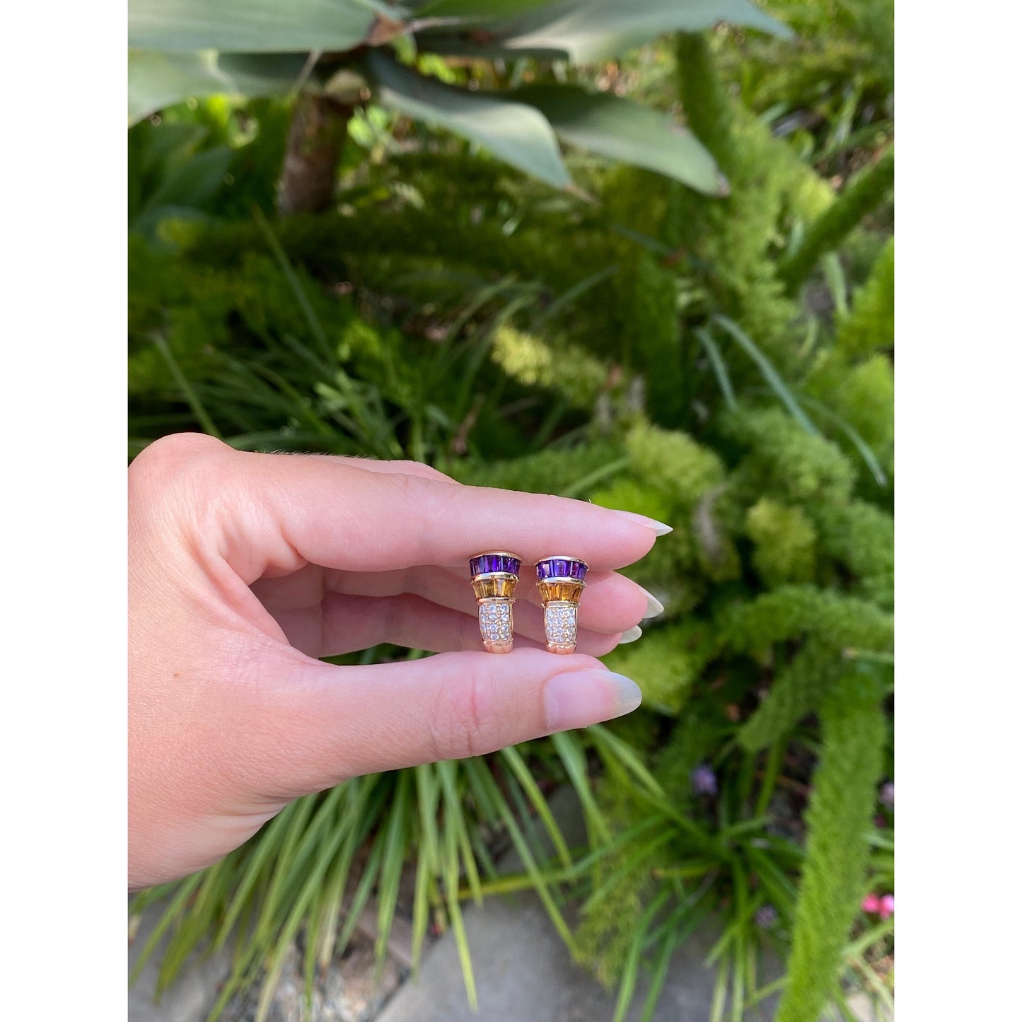 Solid 14k Yellow Gold Citrine Amethyst Clear Sapphire Drop Stud Earrings