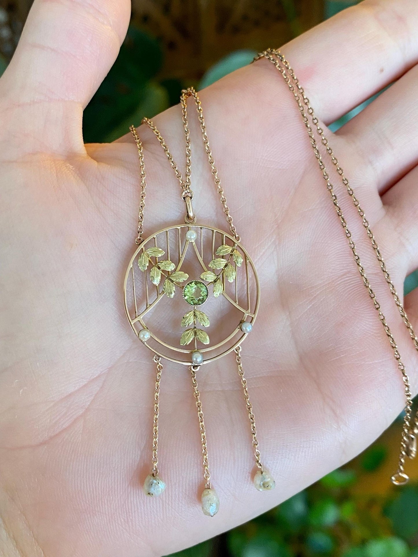 Solid 9k Yellow Gold Peridot Pearls Leaves Cable Chain Necklace - 20 inches