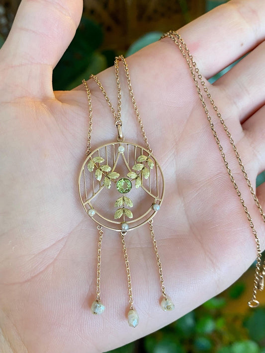 Solid 9k Yellow Gold Peridot Pearls Leaves Cable Chain Necklace - 20 inches