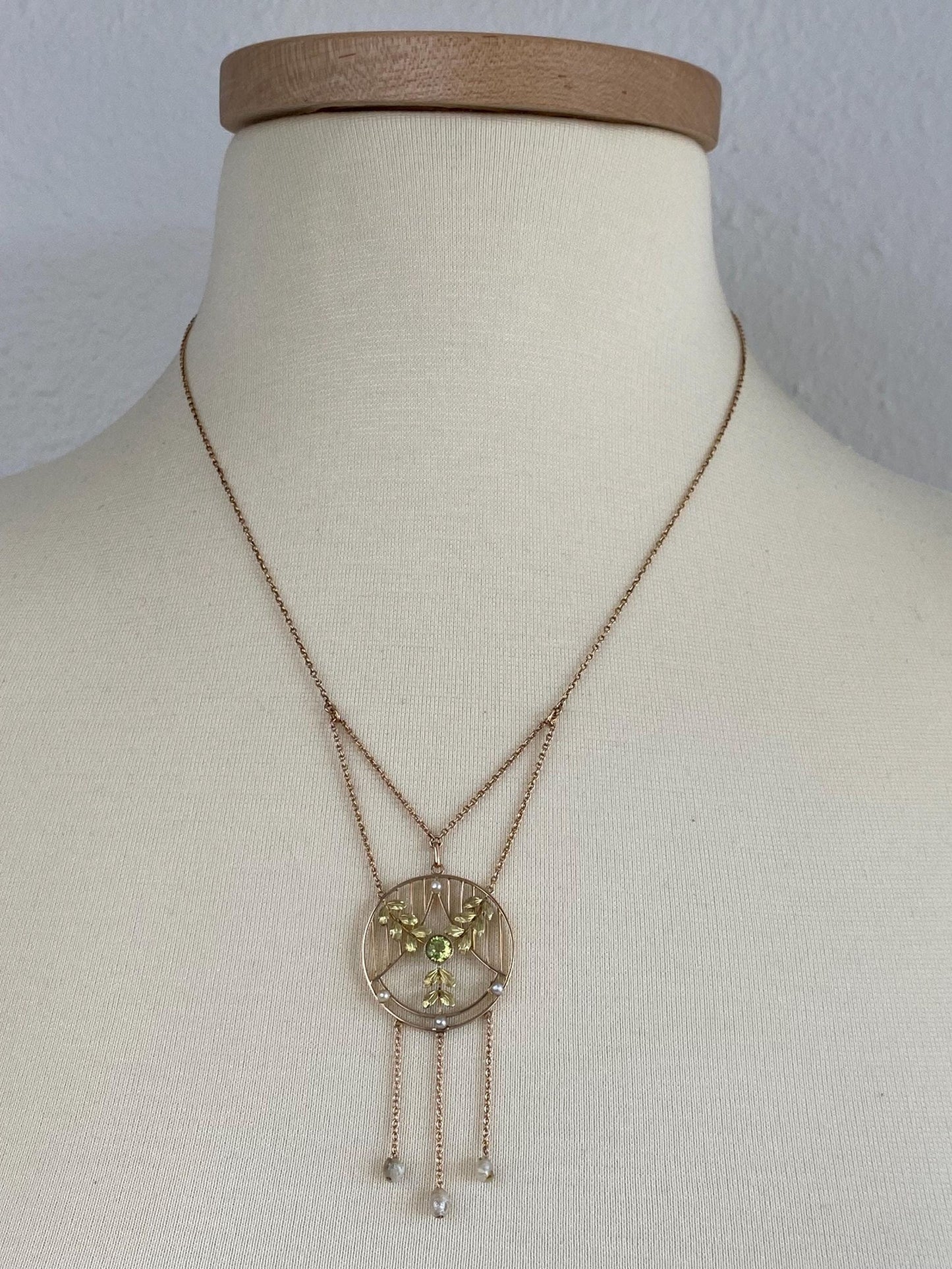 Solid 9k Yellow Gold Peridot Pearls Leaves Cable Chain Necklace - 20 inches