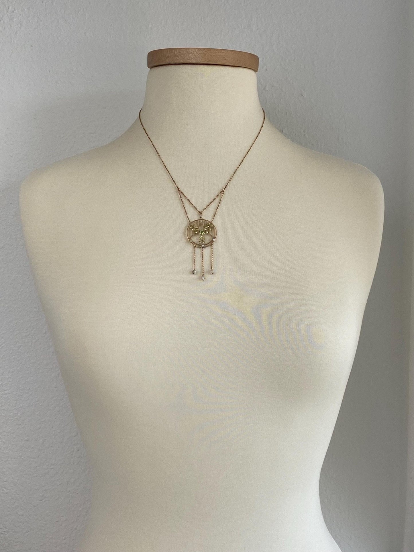 Solid 9k Yellow Gold Peridot Pearls Leaves Cable Chain Necklace - 20 inches