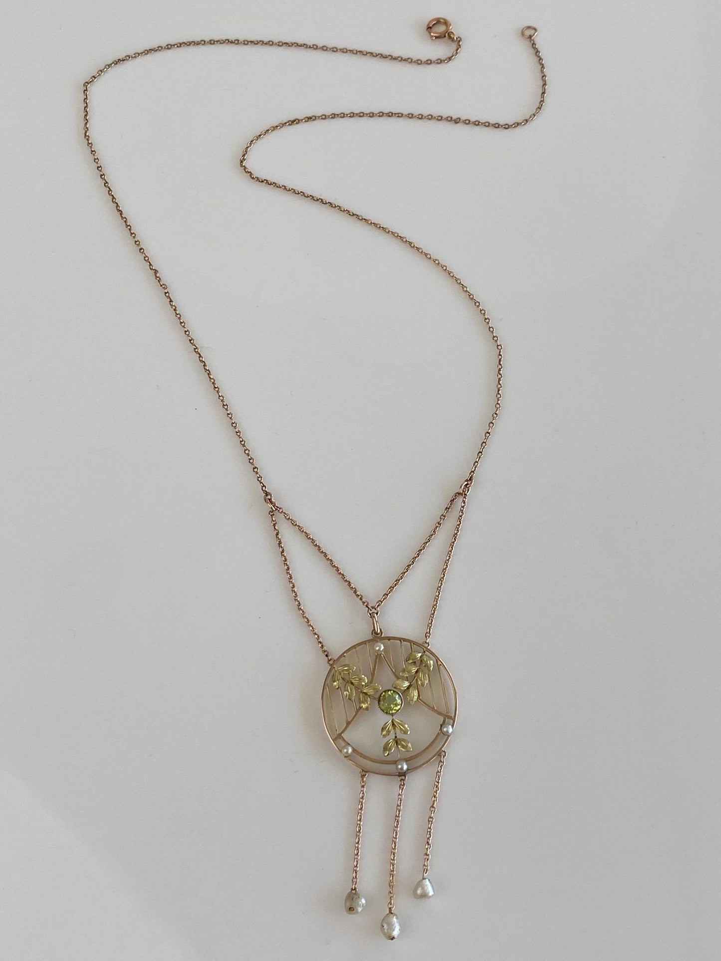 Solid 9k Yellow Gold Peridot Pearls Leaves Cable Chain Necklace - 20 inches
