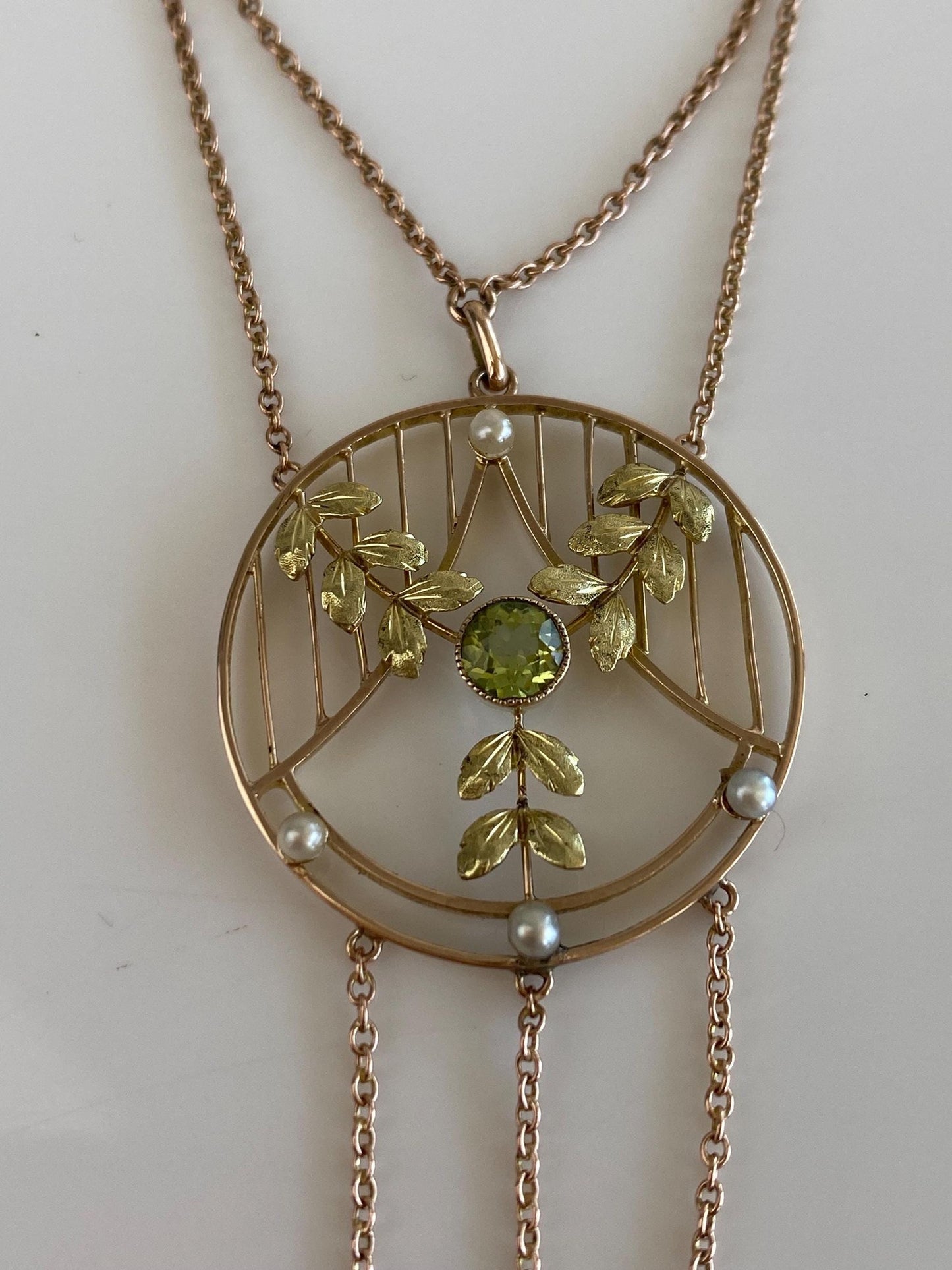 Solid 9k Yellow Gold Peridot Pearls Leaves Cable Chain Necklace - 20 inches